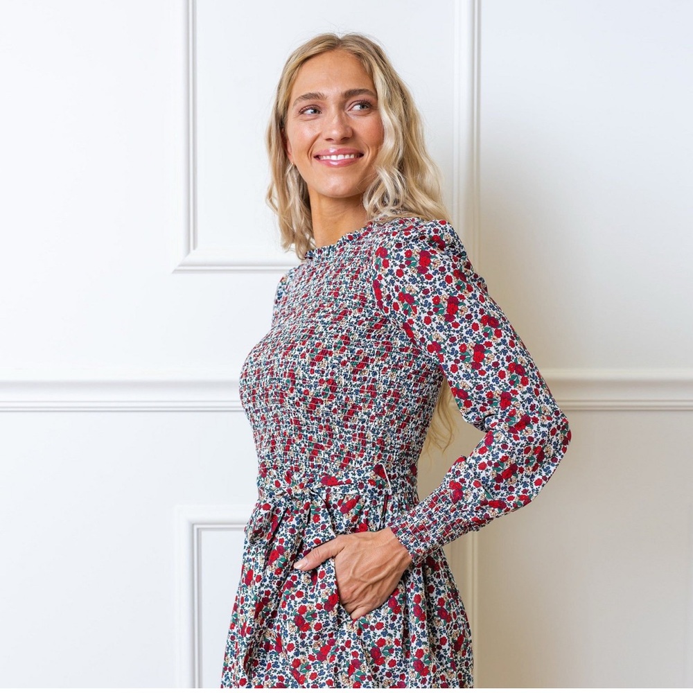 Hope & Henry Women's 100% Organic Long Sleeve Smocked Ruffle Collar Dress
